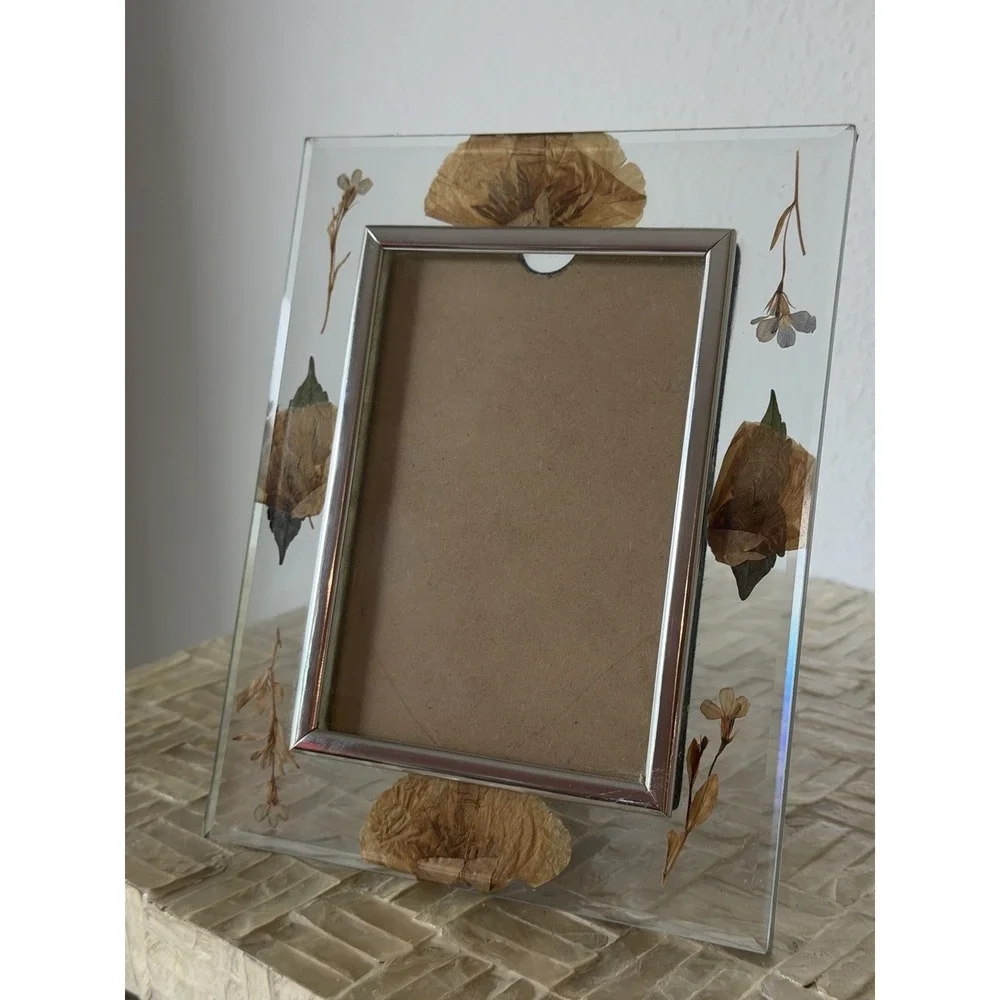 Glass Dried Pressed Flower Floral Photo Frame Clear/Silver Freestanding